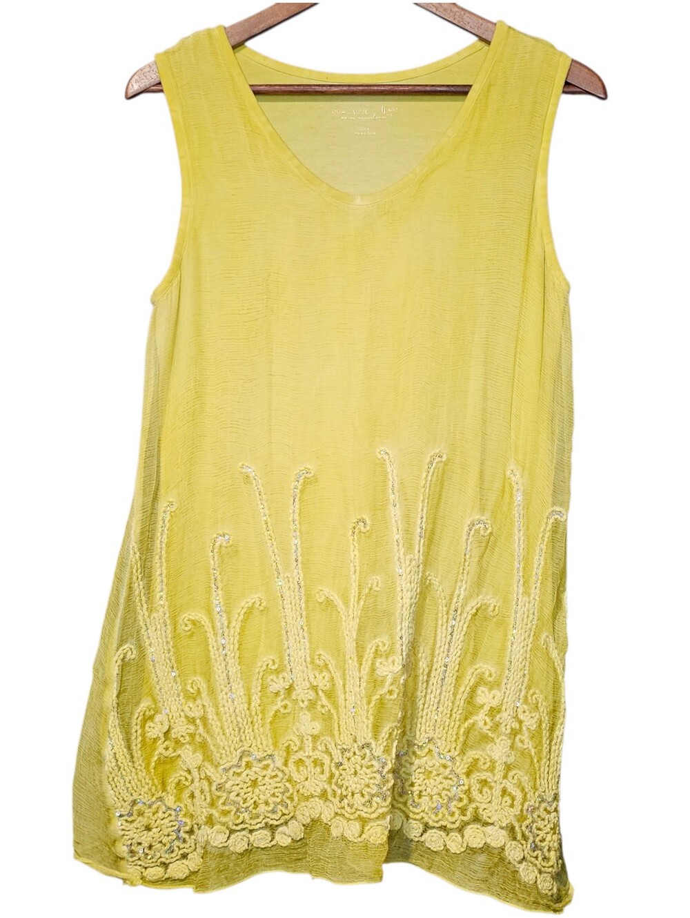 Soft Surroundings Silk Romance Top Chartreuse Embroidered Sleeveless Tunic XS